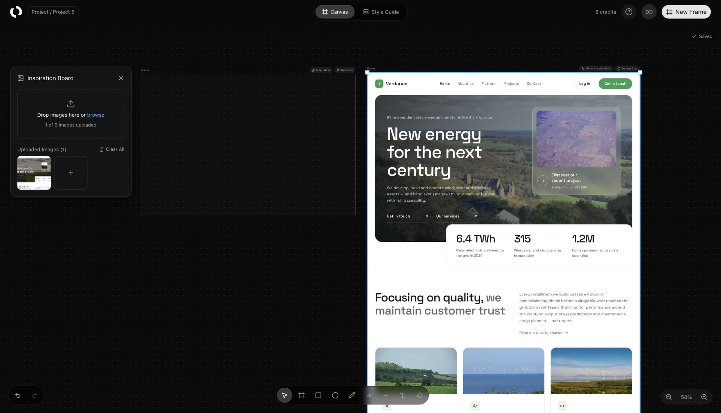 The Mason canvas: an inspiration board holding a reference image, an empty frame, and beside them a full landing page generated from them.
